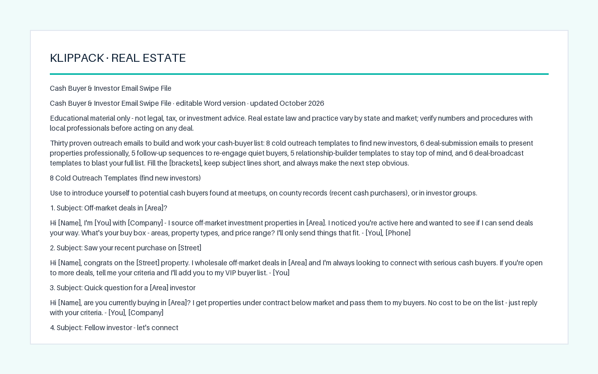 Cash Buyer & Investor Email Swipe File - preview of the delivered file