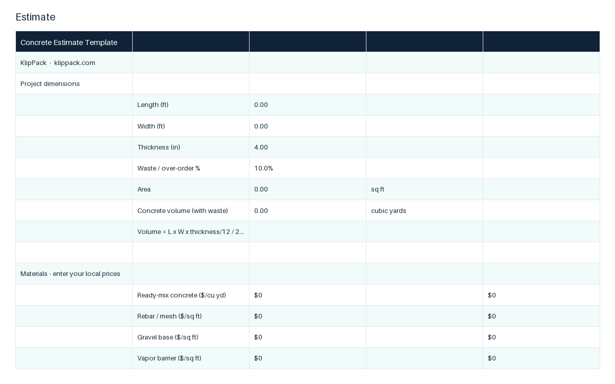 Concrete Estimate Template - preview of the delivered file