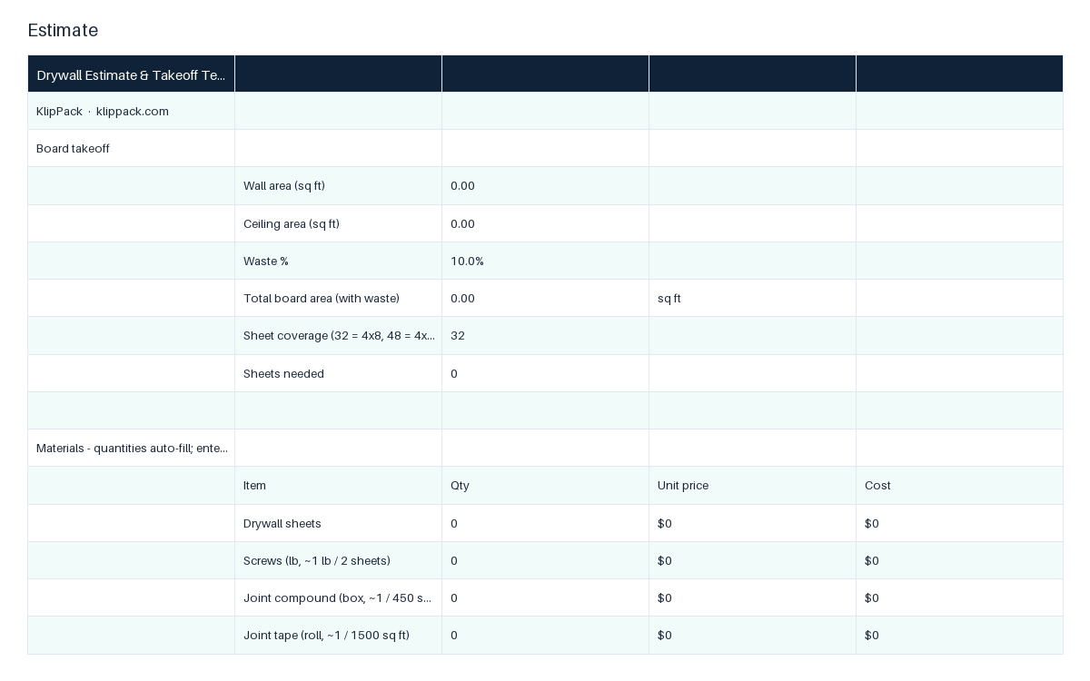 Drywall Estimate & Takeoff Template - preview of the delivered file
