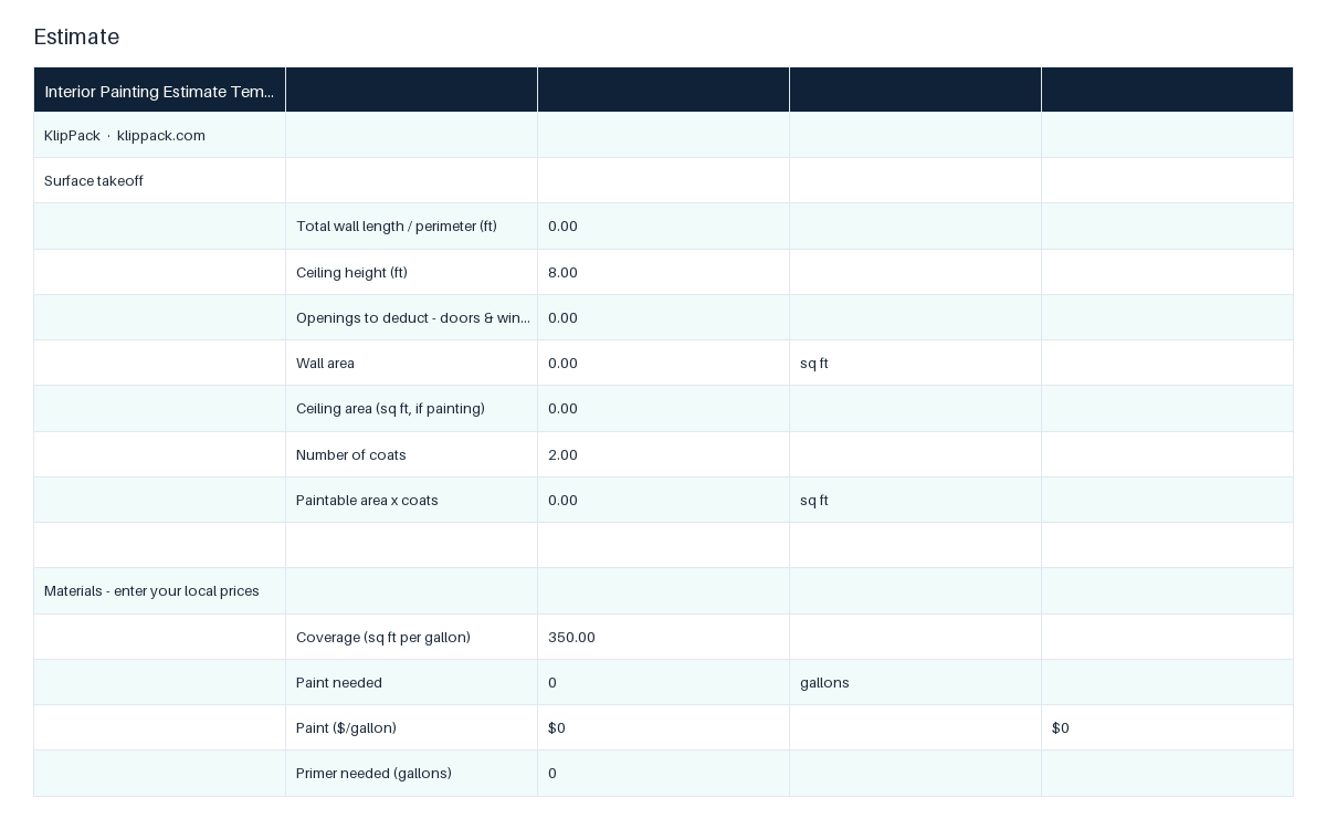 Interior Painting Estimate Template - preview of the delivered file