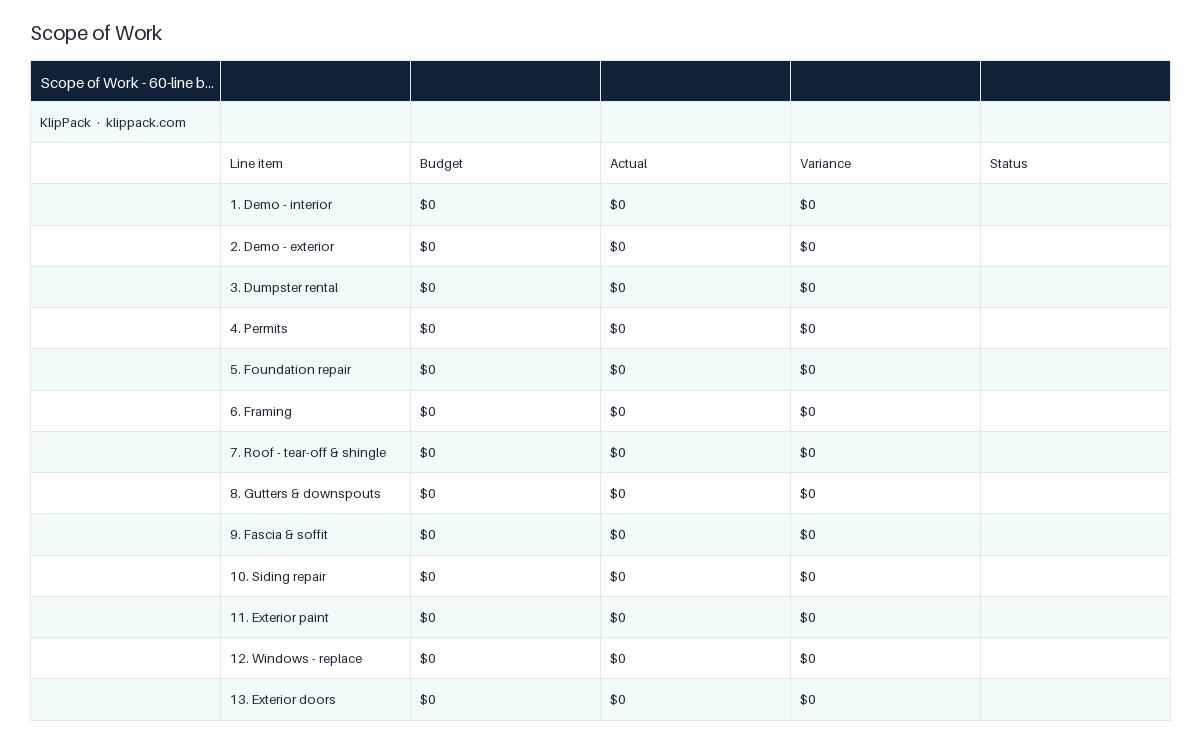 Rehab Project Tracker - preview of the delivered file