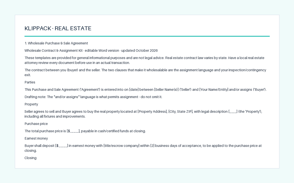 Wholesale Contract & Assignment Kit - preview of the delivered file